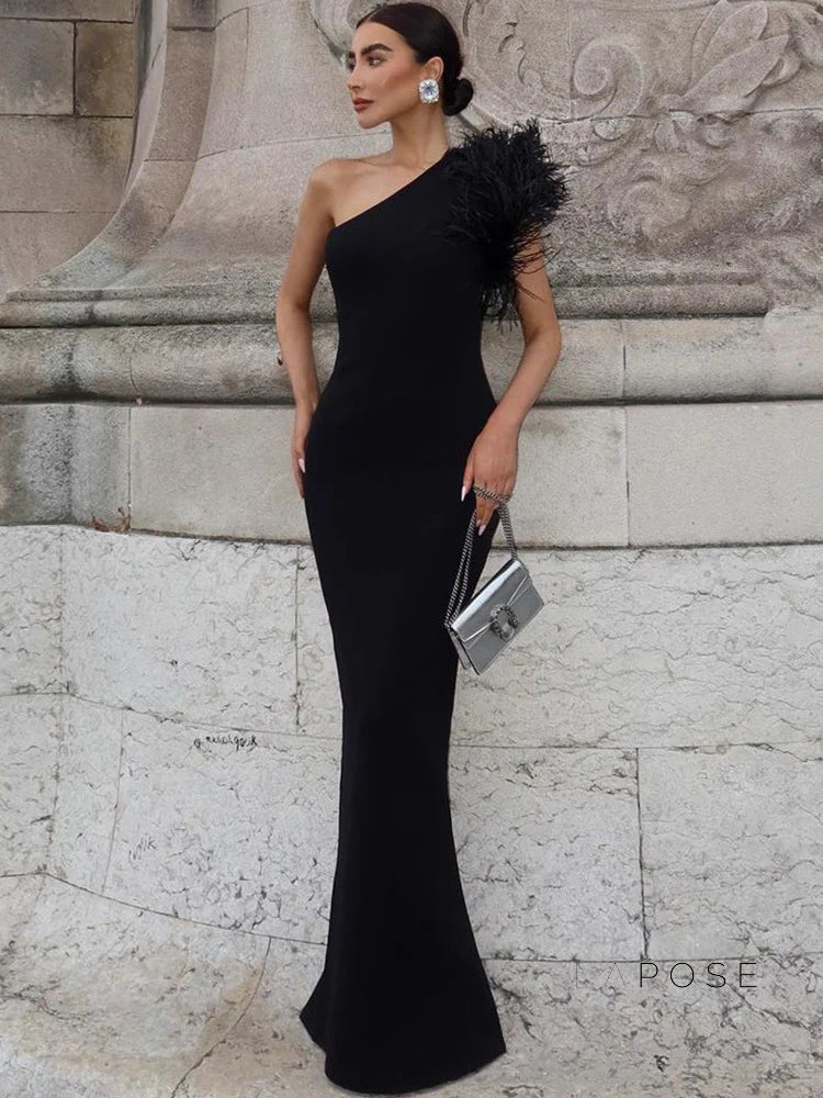 Aryana Feather One-Shoulder Gown