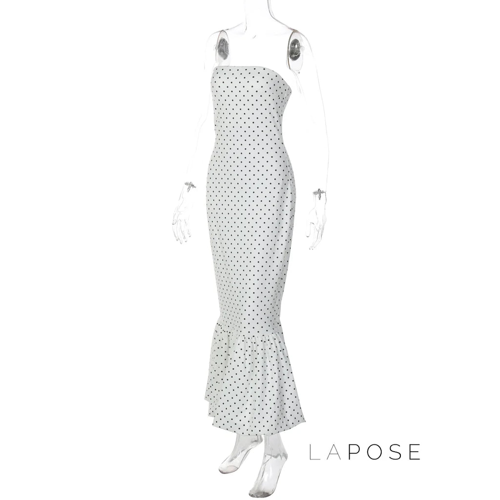 Azaria Polka Dot Strapless Midi Dress