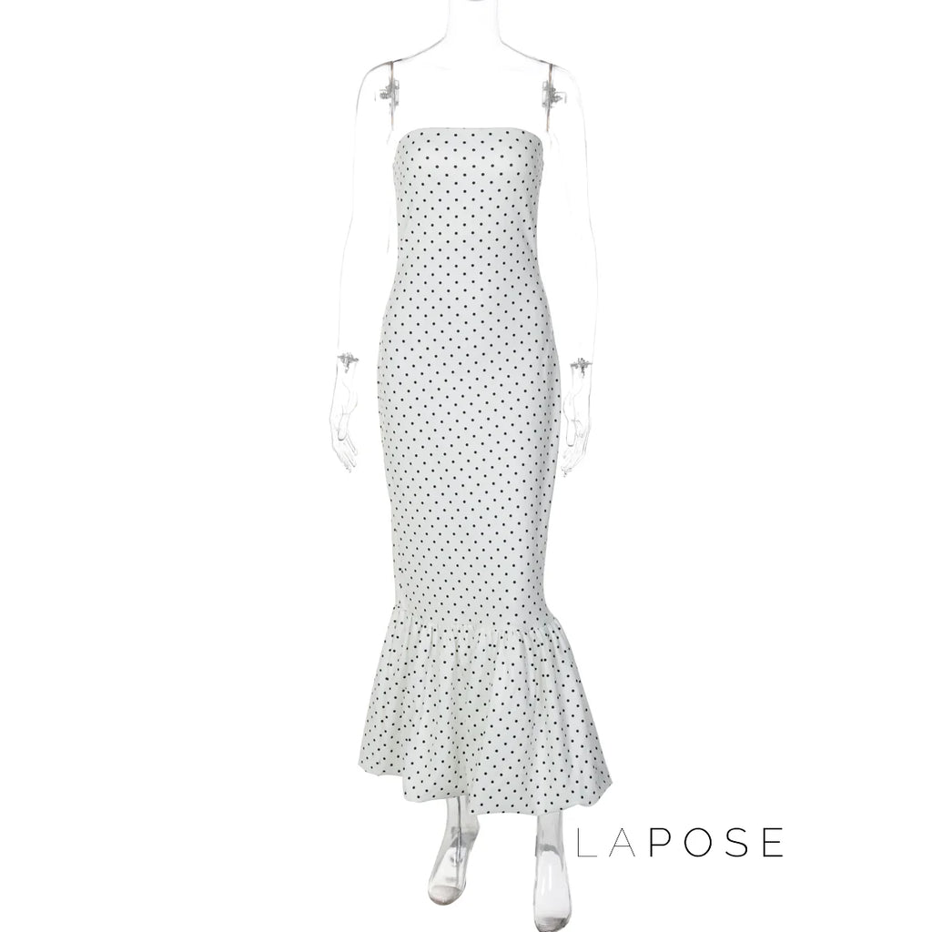 Azaria Polka Dot Strapless Midi Dress