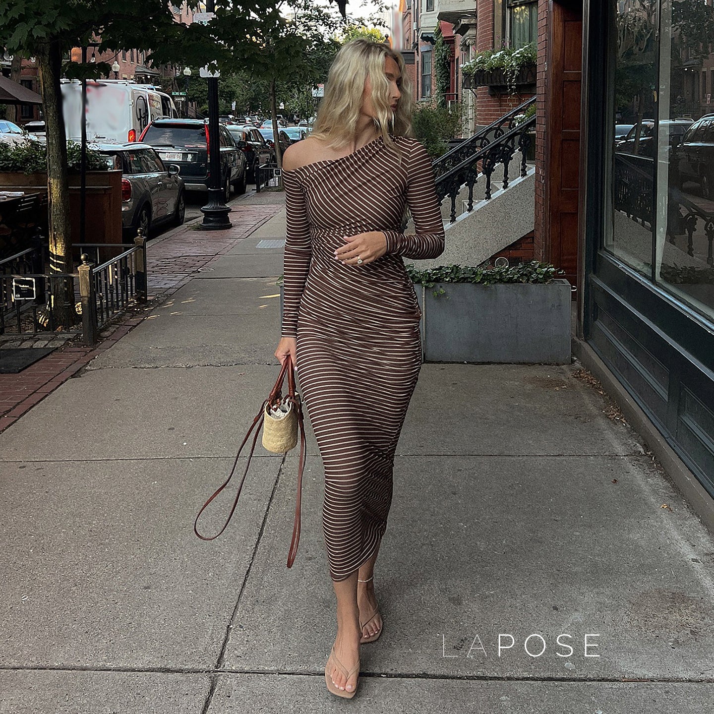 Bracha Striped Ruched One-Shoulder Dress