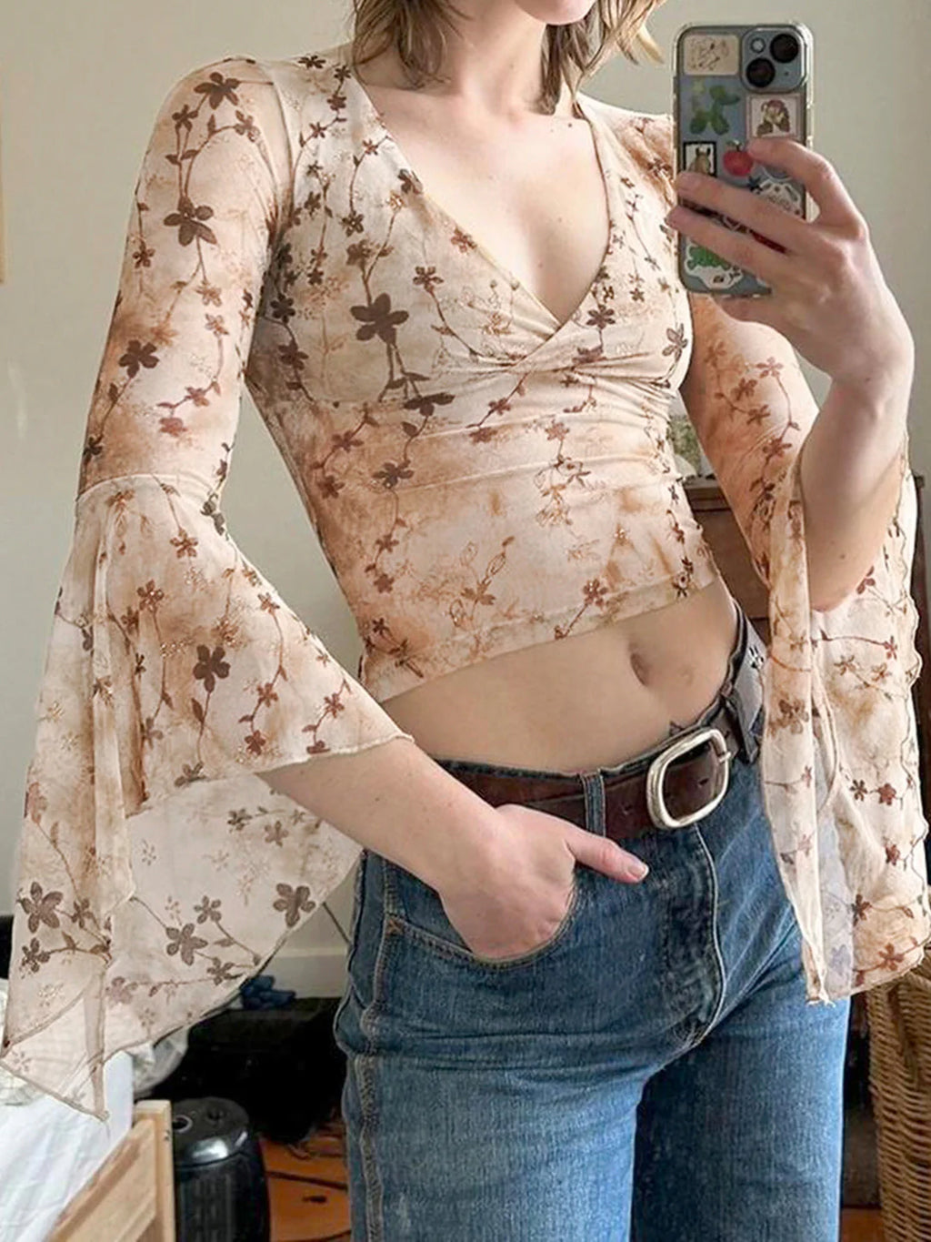Elaina Printed Bell Sleeve Mesh Top