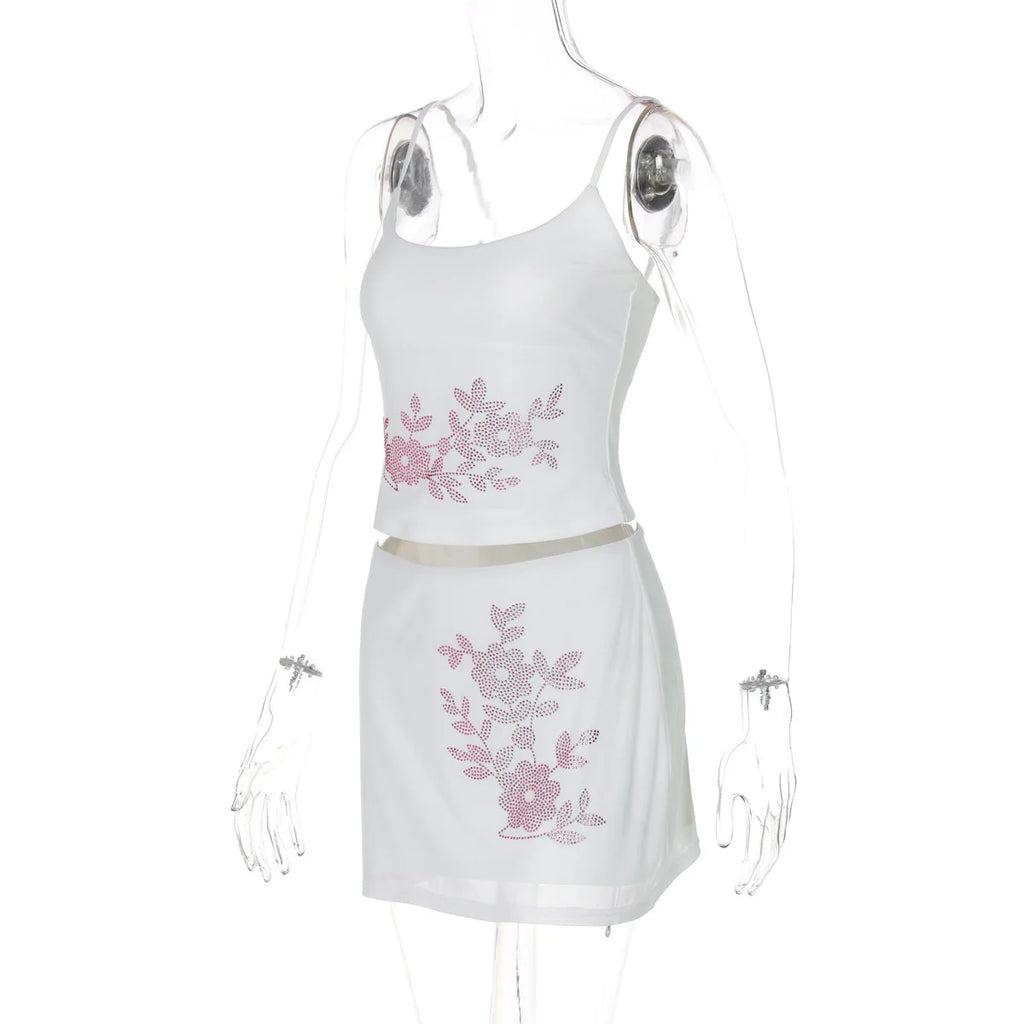 Floral Rhinestone Mesh Skirt Set