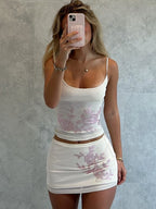 Floral Rhinestone Mesh Skirt Set