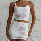 Floral Rhinestone Mesh Skirt Set