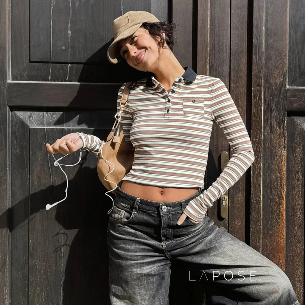 Germani Striped Long Sleeve Polo Top