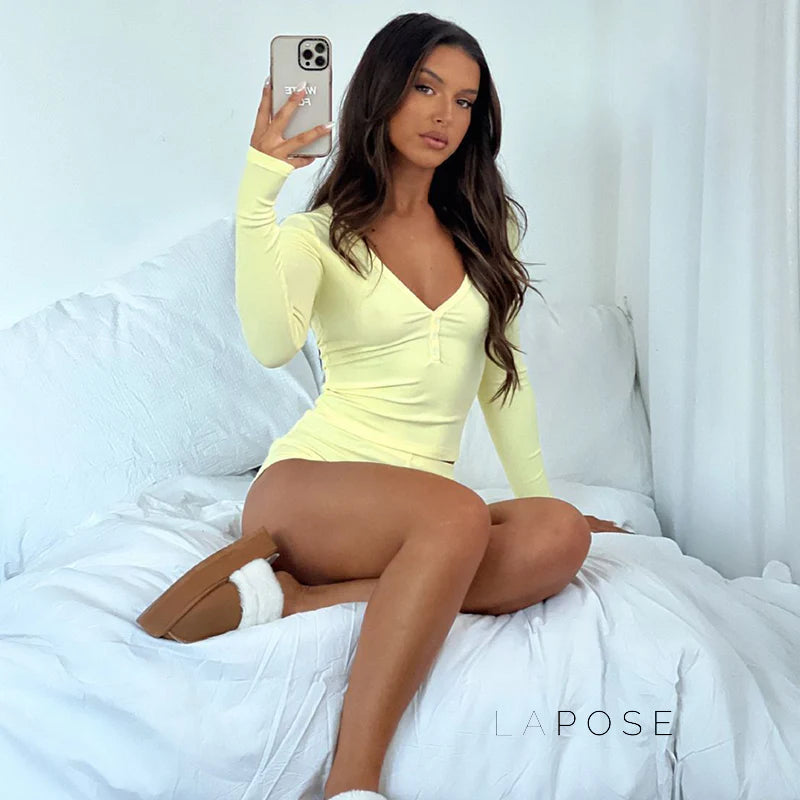 Heather Ribbed V-Neck Lounge Set