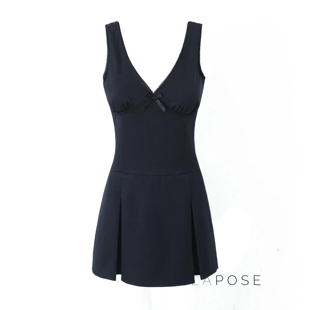 Kaliah Deep V-Neck Bow Mini Dress