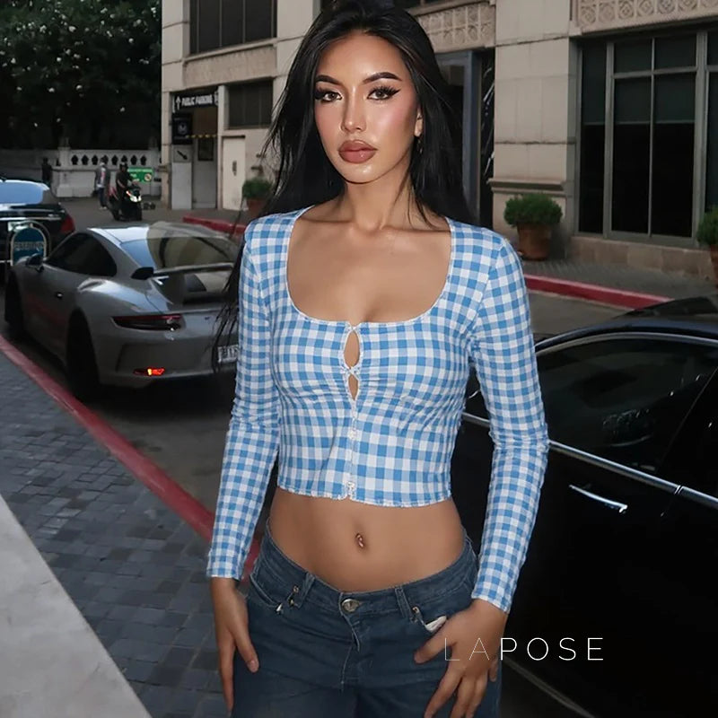 Karena Plaid Button-Up Crop Top
