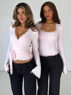 Lace Flare Sleeve Square Neck Top