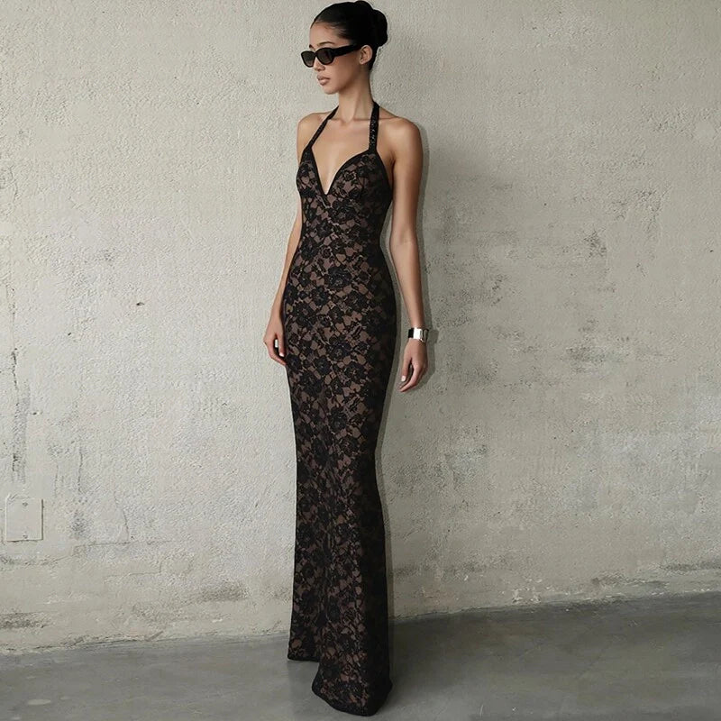 Lace Halter Slit Maxi Dress