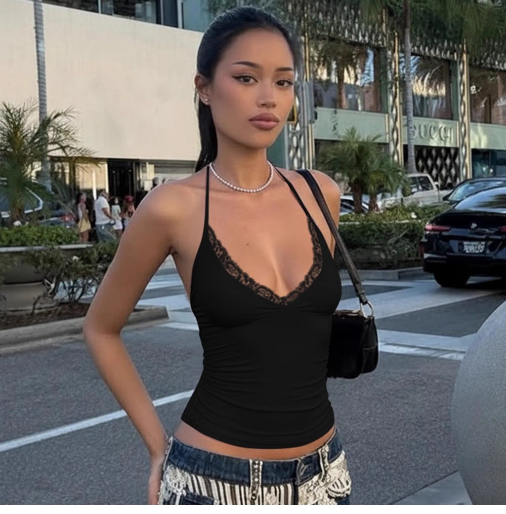 Lace Trim V-Neck Halter Top