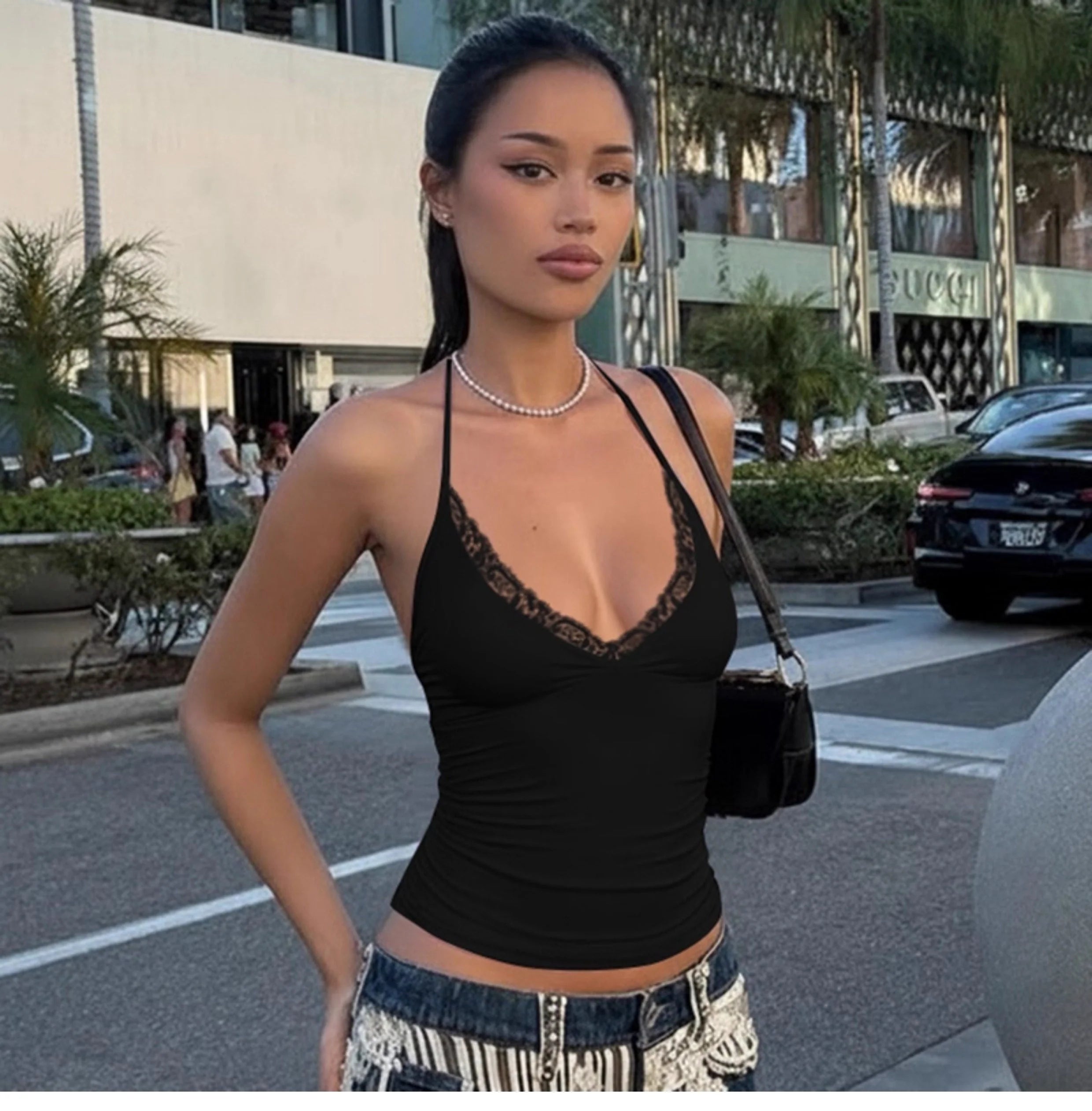 Lace Trim V-Neck Halter Top