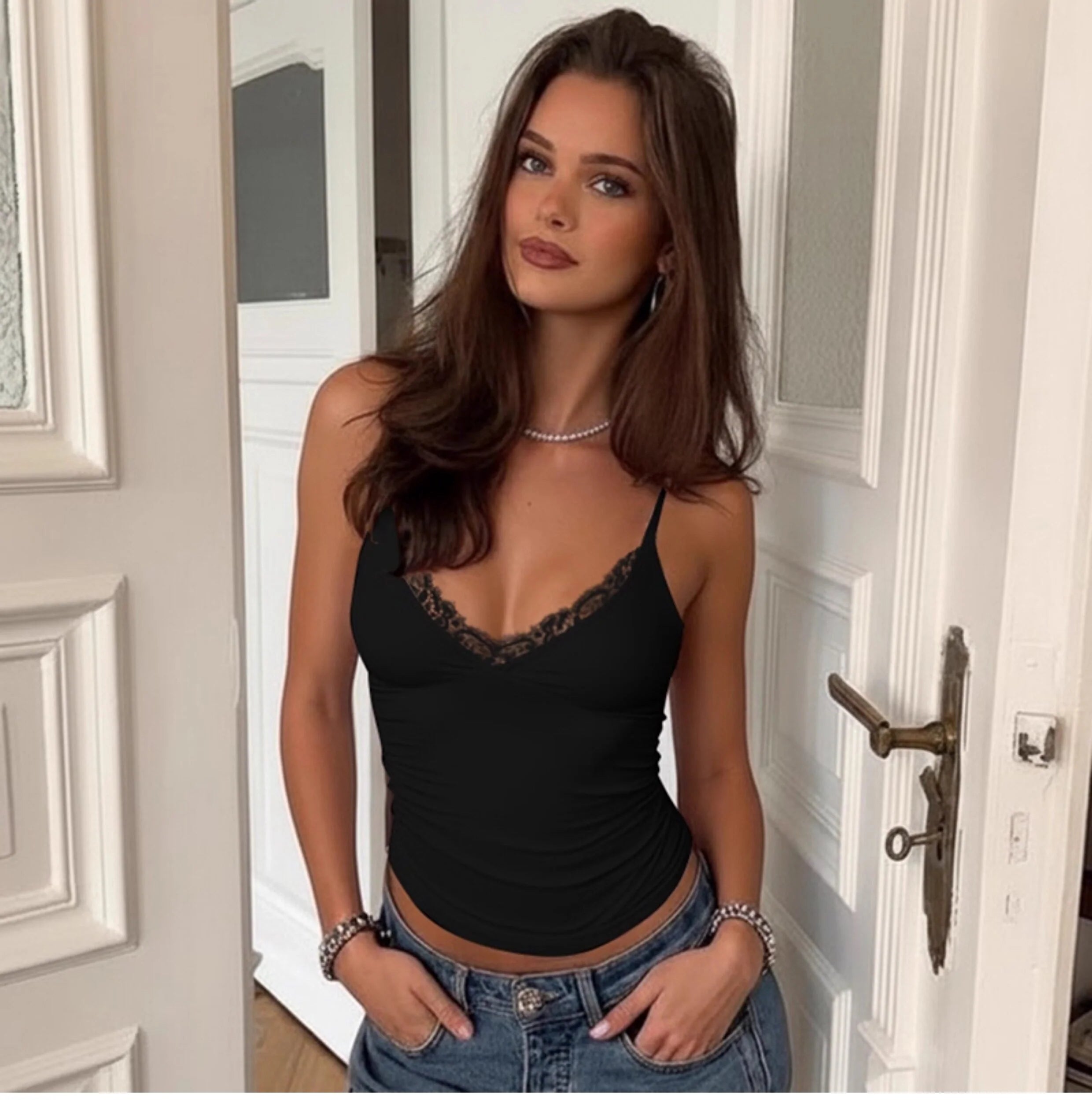 Lace Trim V-Neck Halter Top