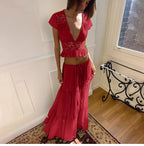 Lace V-Neck Two-Piece Skirt Set
