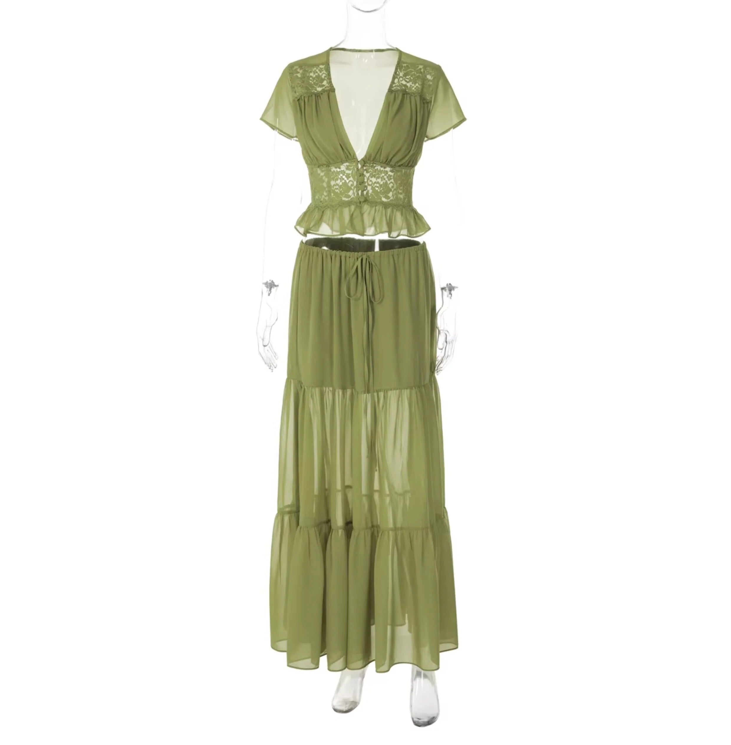 Lace V-Neck Two-Piece Skirt Set