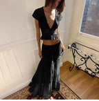 Lace V-Neck Two-Piece Skirt Set