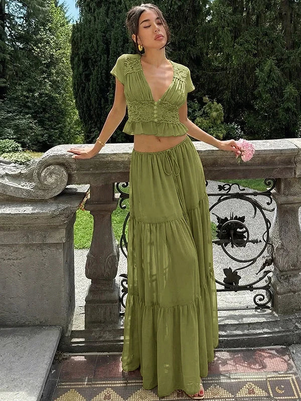 Lace V-Neck Two-Piece Skirt Set