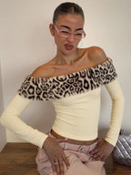 Leopard Print Fur Trim Off-Shoulder Top