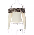 Leopard Print Fur Trim Off-Shoulder Top