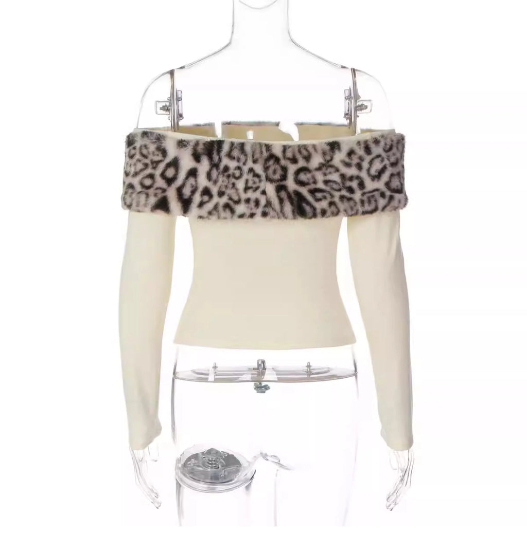 Leopard Print Fur Trim Off-Shoulder Top