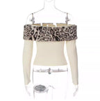 Leopard Print Fur Trim Off-Shoulder Top