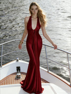 Pleated Satin Halter Maxi Dress
