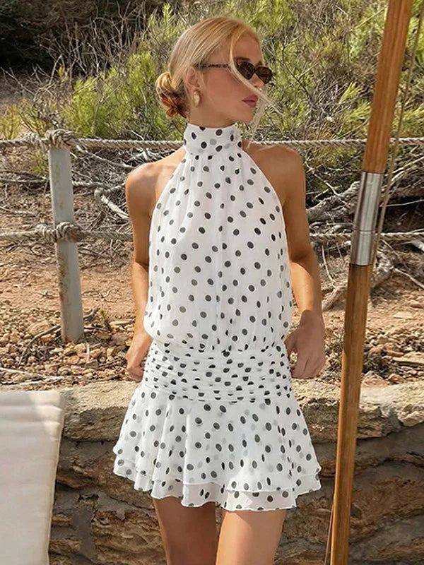 Polka Dot Halter Backless Mini Dress