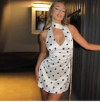 Polka Dot Halter Mini Dress with Ribbon Detail