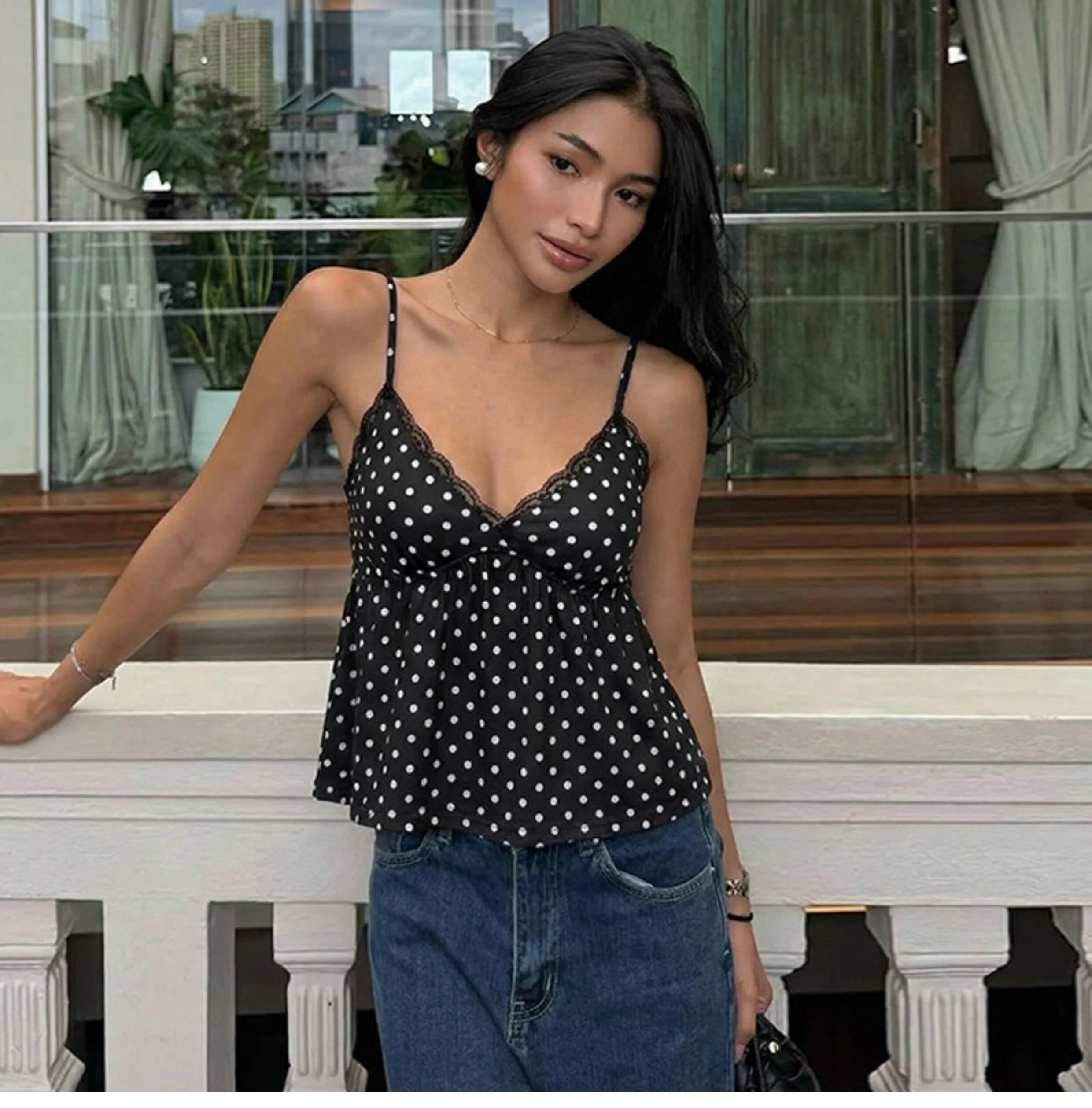 Polka Dot Lace Trim Camisole