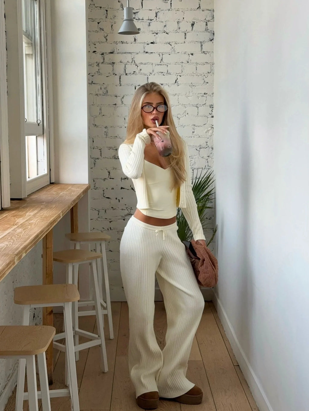 Ribbed Button-Down Pants Set