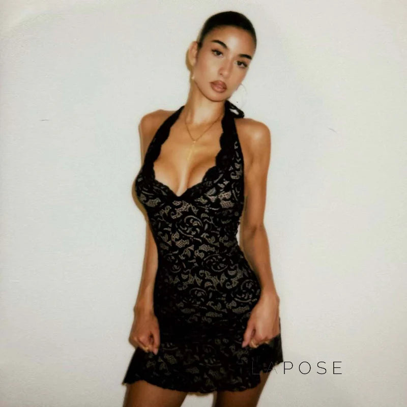 Rihanna Lace Halter Mini Dress