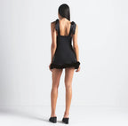 Satin Bow Strap Fur Trim Mini Dress