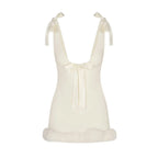 Satin Bow Strap Fur Trim Mini Dress