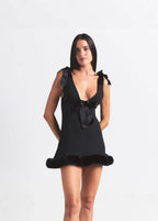 Satin Bow Strap Fur Trim Mini Dress