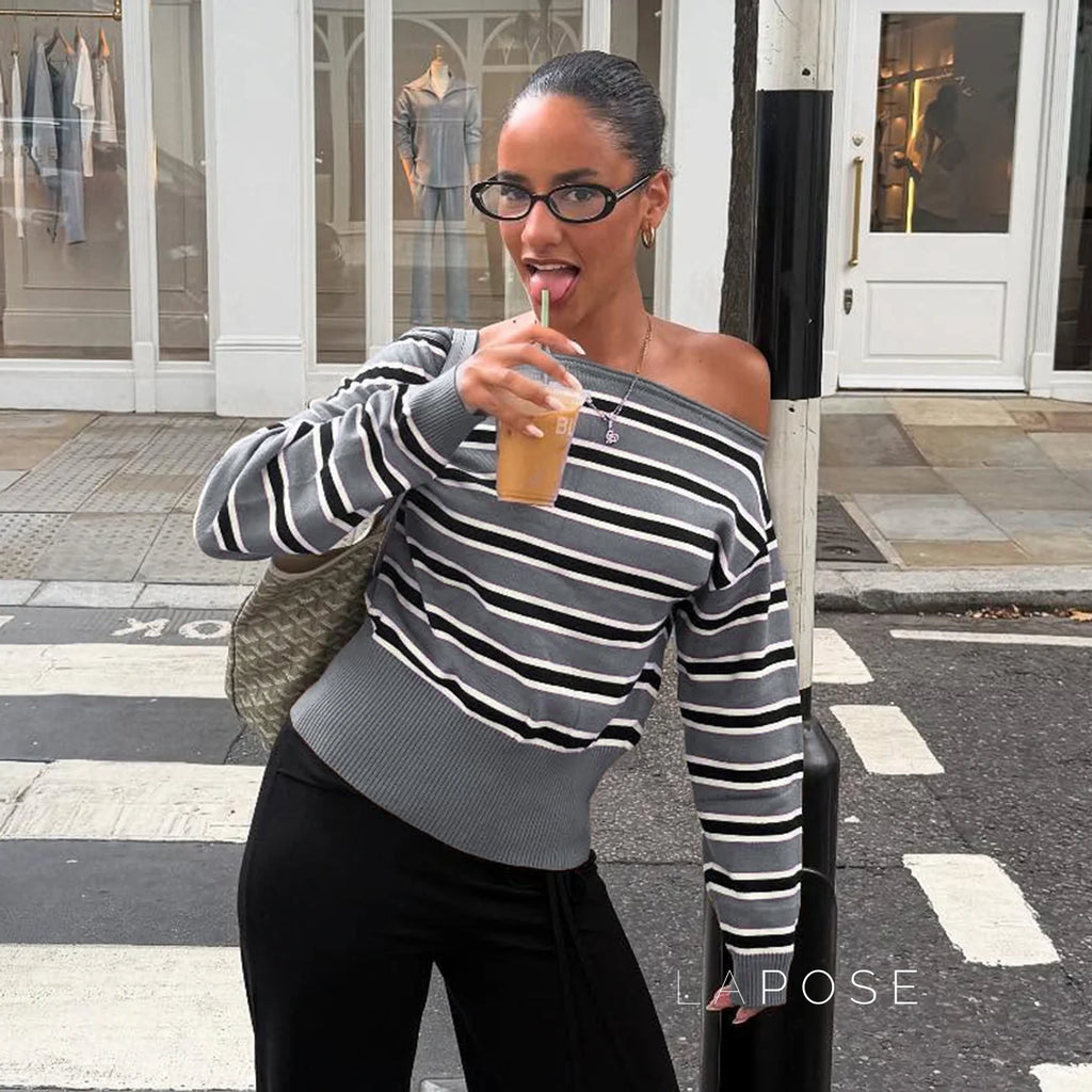 Stormy Striped Off Shoulder Knit Top