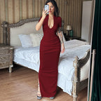 Susanna Deep V Ruched Maxi Dress