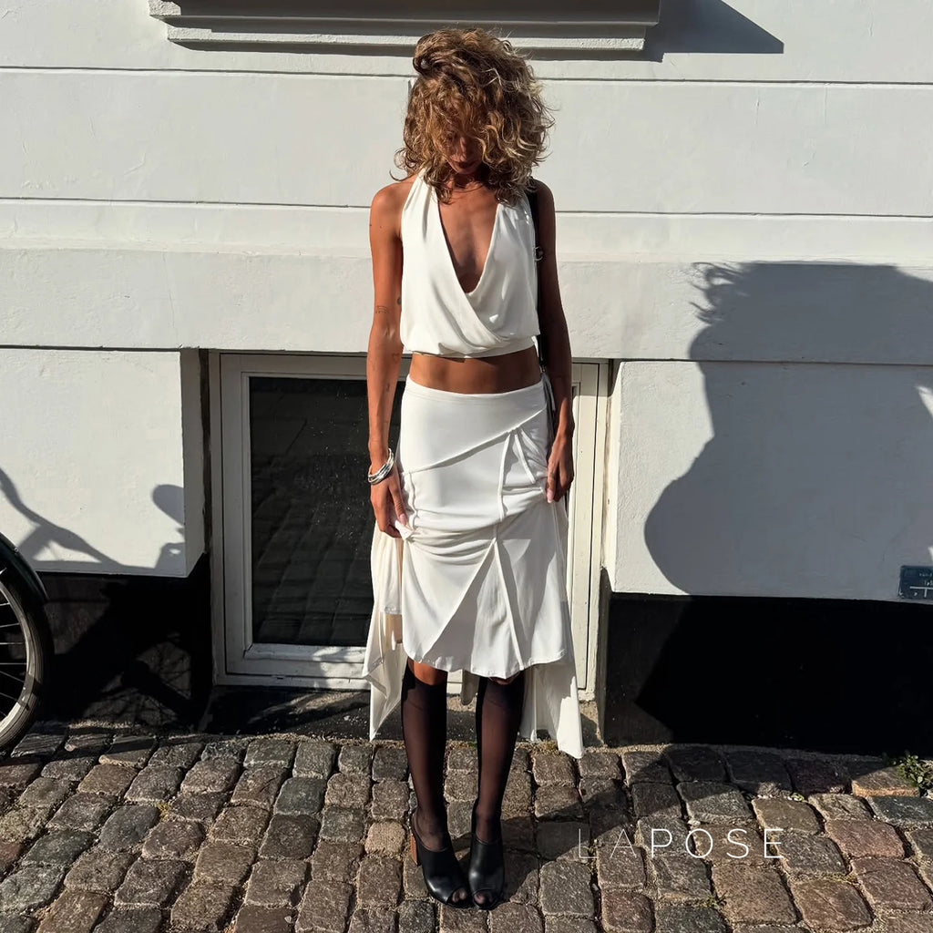 Tristan White Asymmetric Maxi Skirt