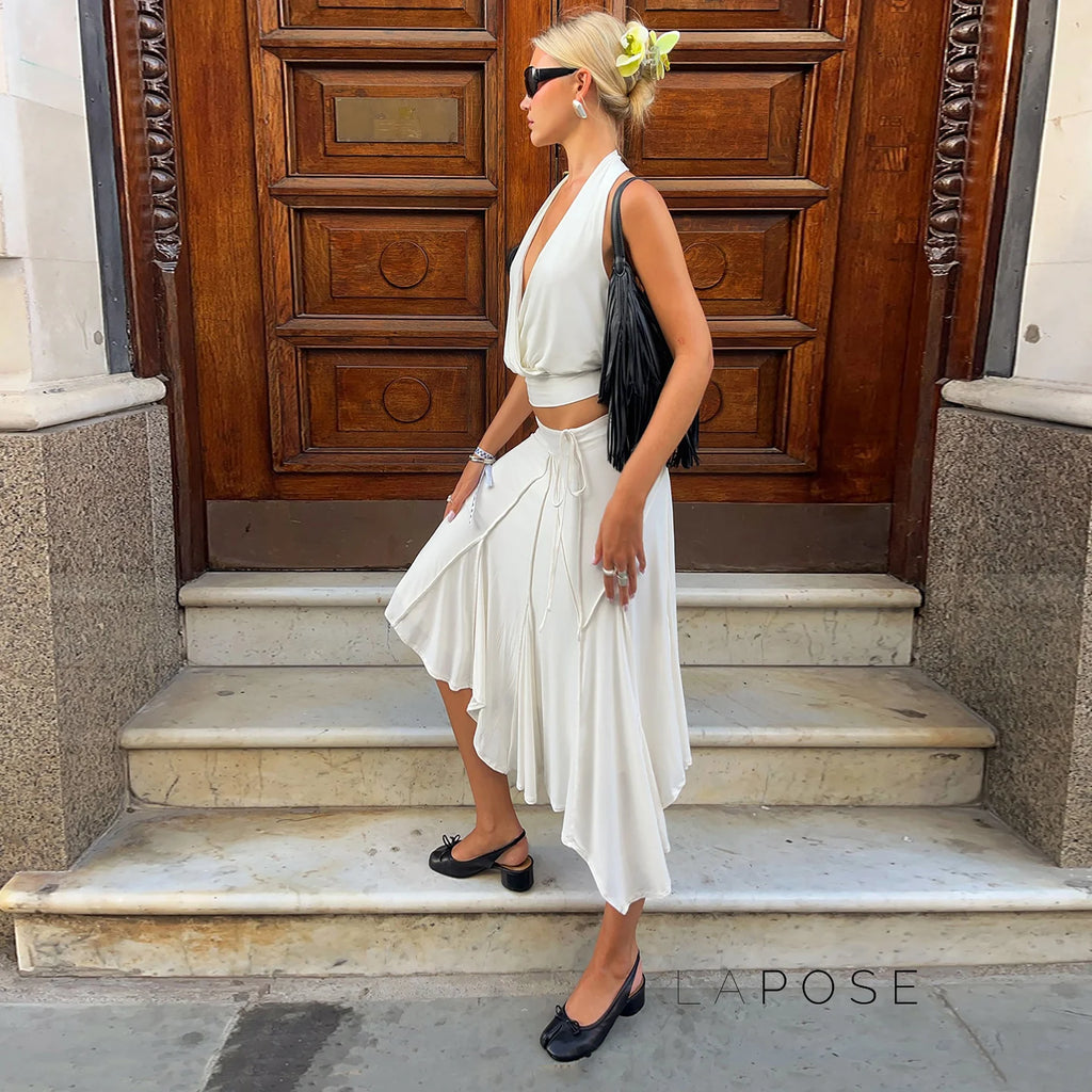 Tristan White Asymmetric Maxi Skirt