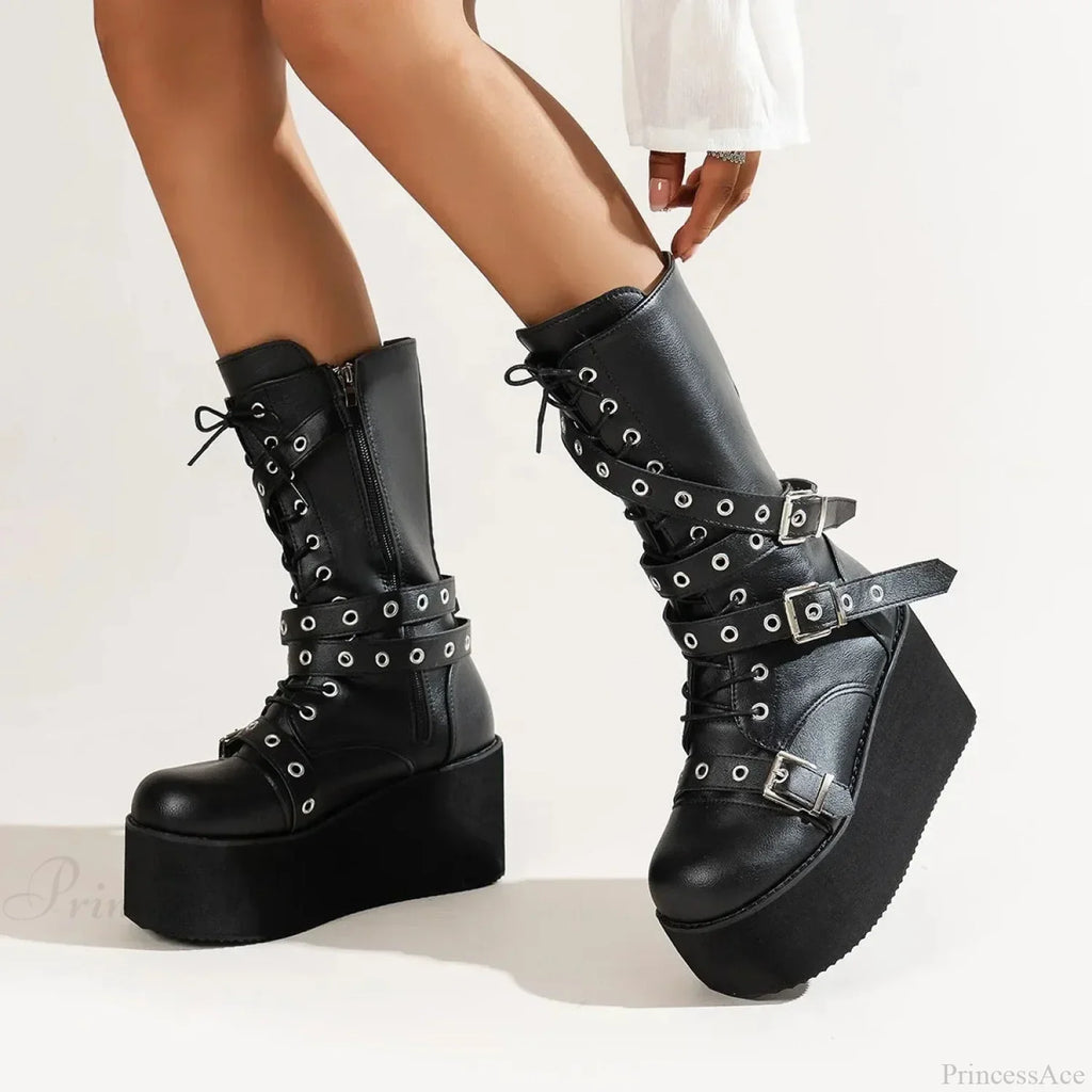 Large Size Women Tie Up Buckle Elevated Gothic Boot