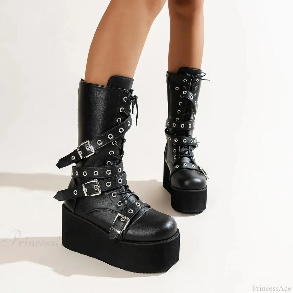 Large Size Women Tie Up Buckle Elevated Gothic Boot