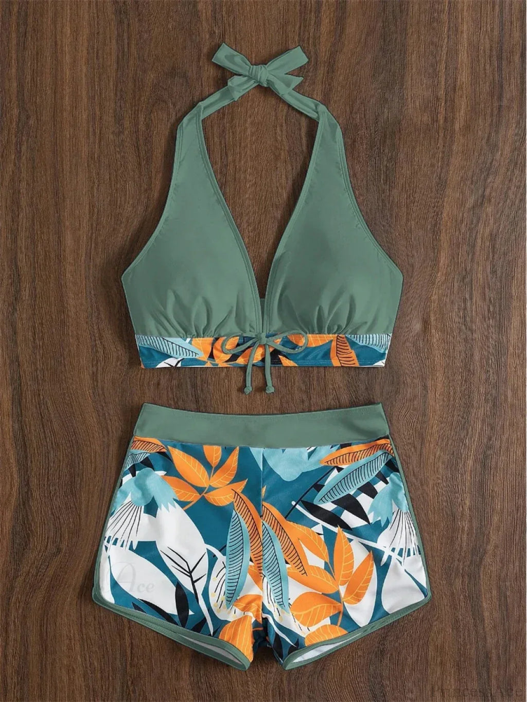 Leaf Print Knot Front Halter Two Piece Set