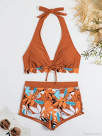 Leaf Print Knot Front Halter Two Piece Set