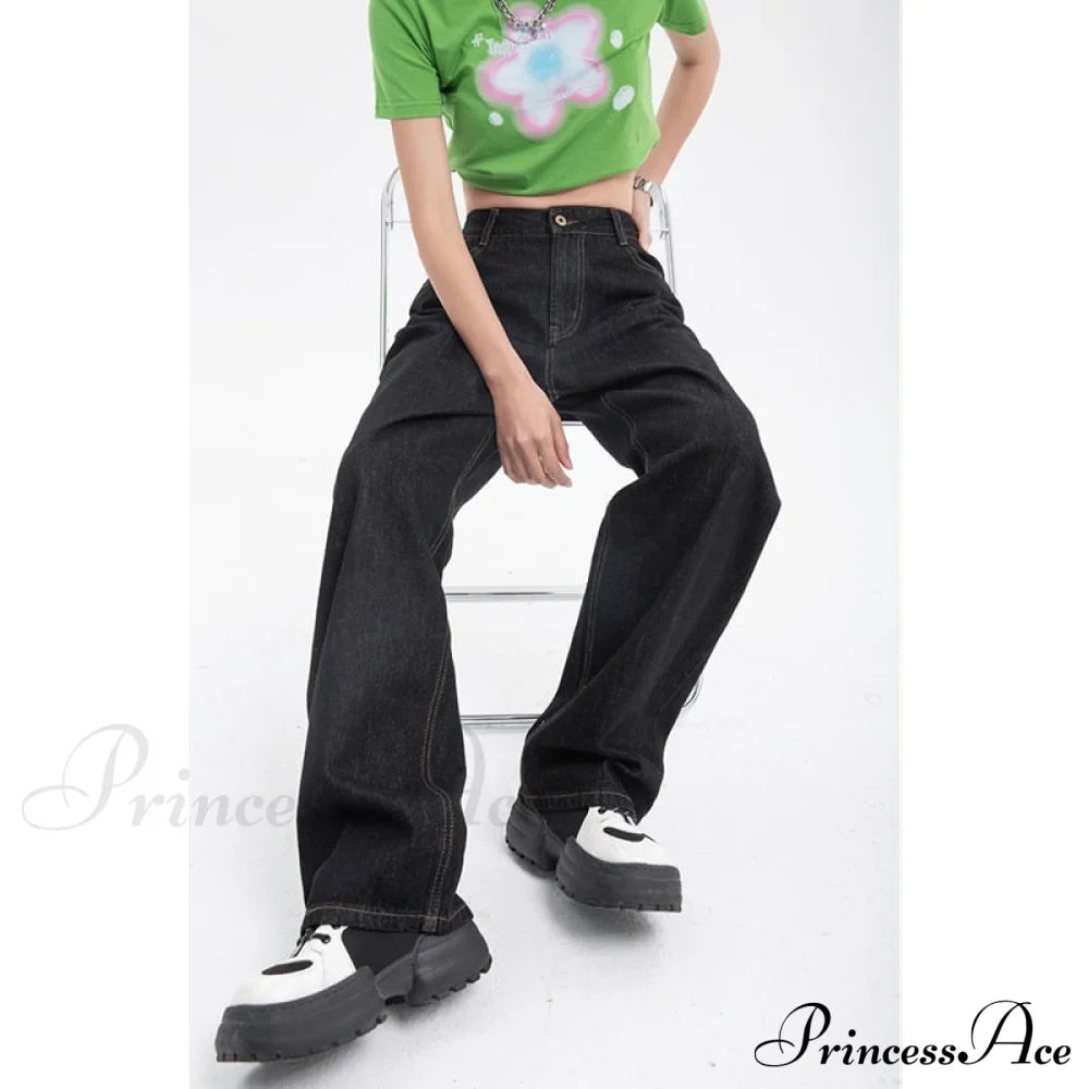 Leg High for Vintage Black Jean Straight Pants Trouser Wide Waist Denim - Women
