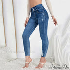 Leg Stretchy High Waisted Buttoned Denim Jeans