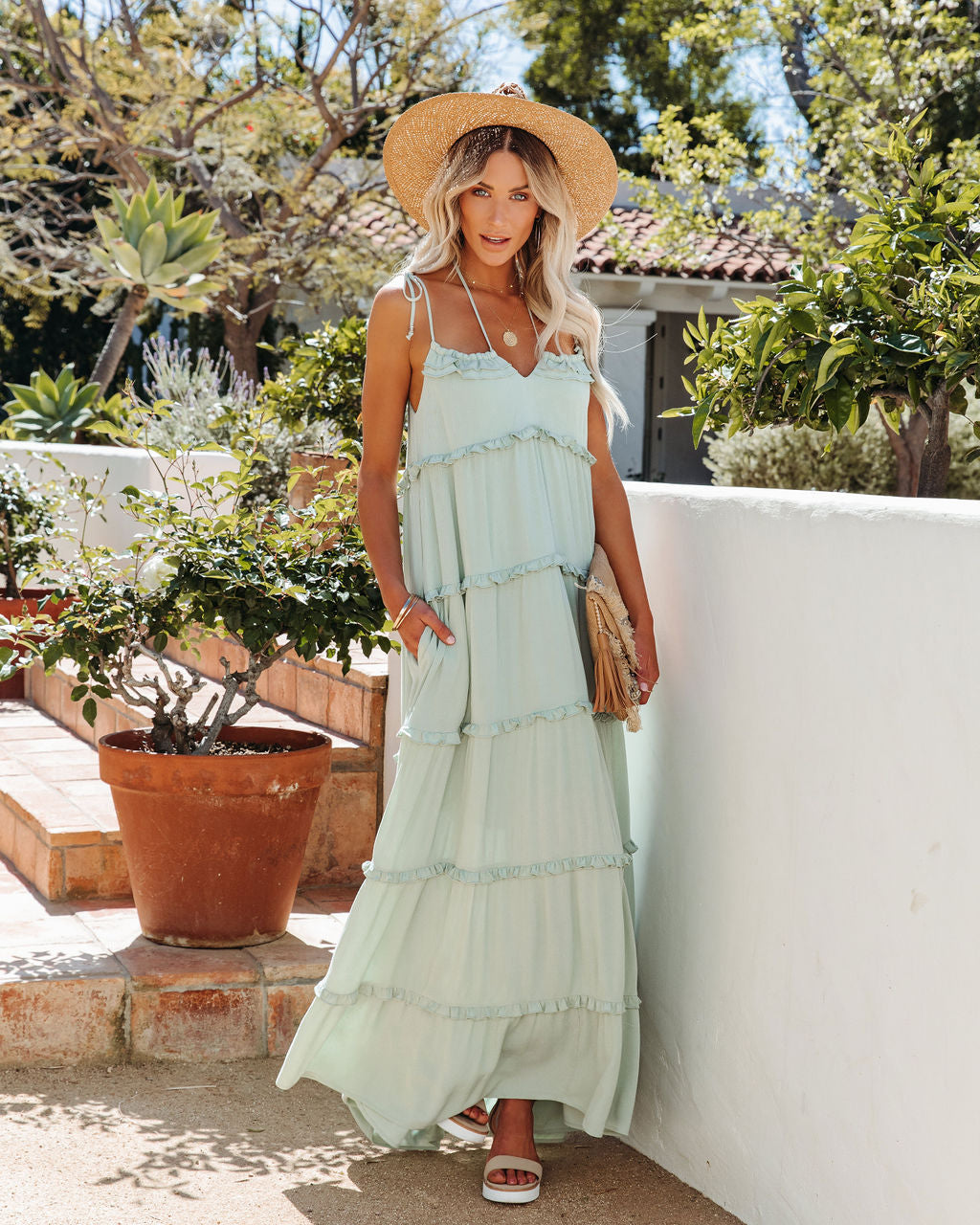 Leighton Pocketed Ruffle Tiered Maxi Dress Misty Jade