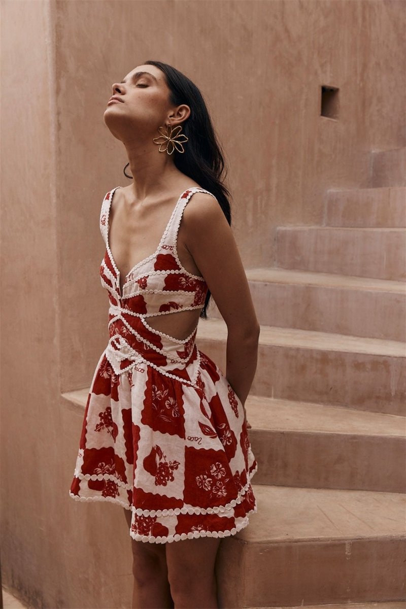 Zoraida Aesthetic Printed Mini Dress with Cut Outs Elevated Occasion Wear