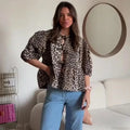 Leopard Bow Lace-Up Puff Sleeve Blouse