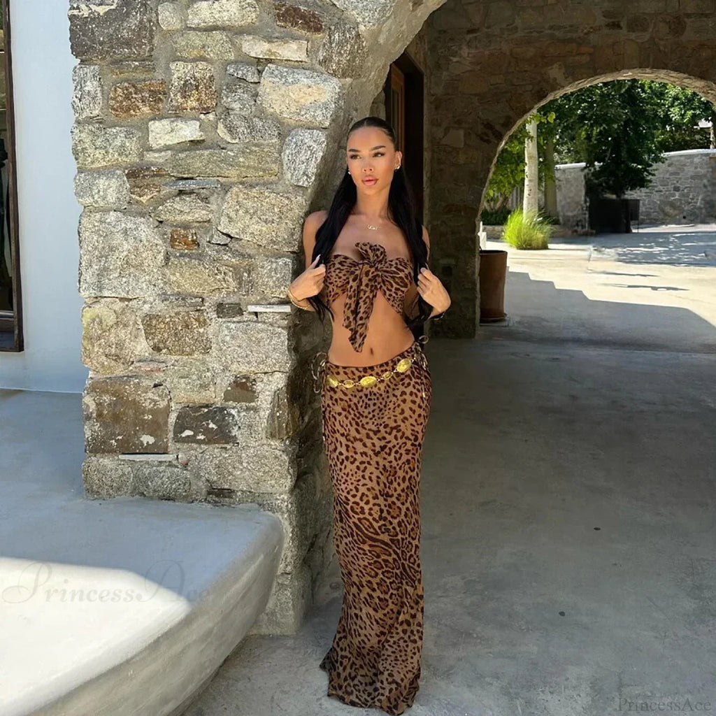 Leopard Bow Skirt Three Piece Swimsuit
