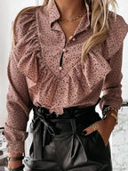 Leopard Dot Print Ruffle V Neck Blouse