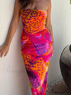 Leopard Floral Print Tube for Women Summer Party Beach Strapless Off Shoulder Slim Vestidos New